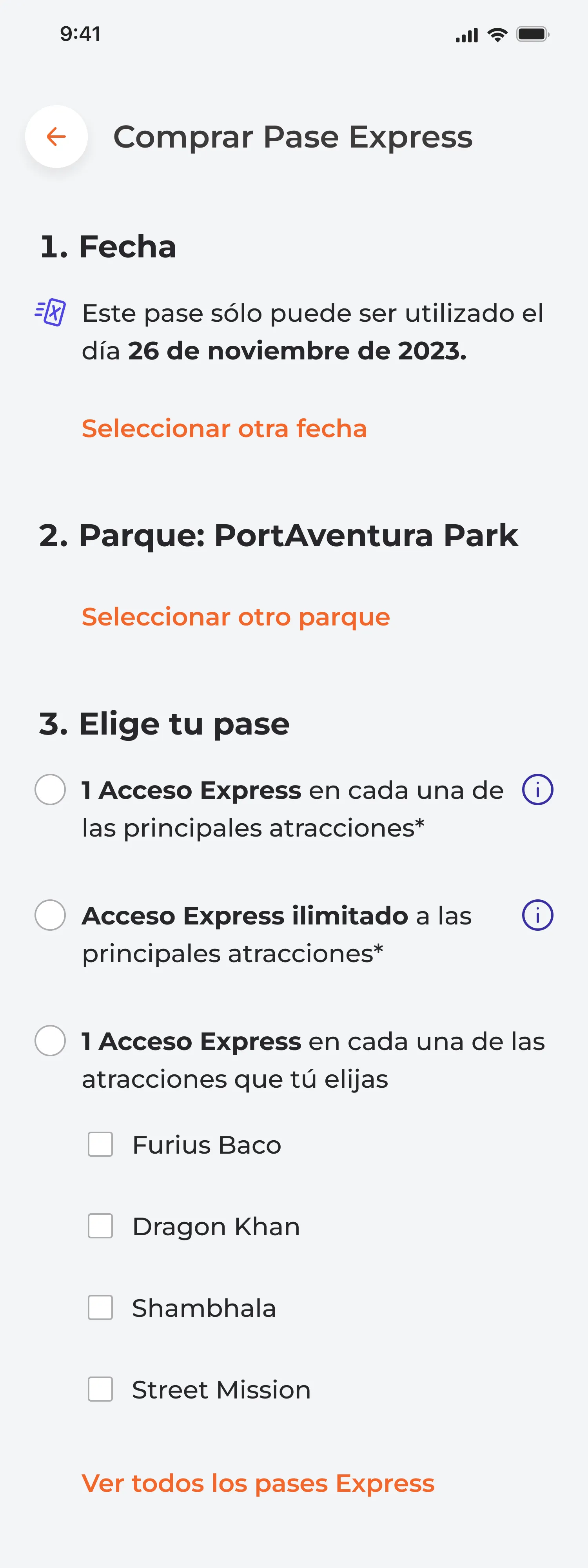 The old Express purchase: date and park preset, options as long radio labels