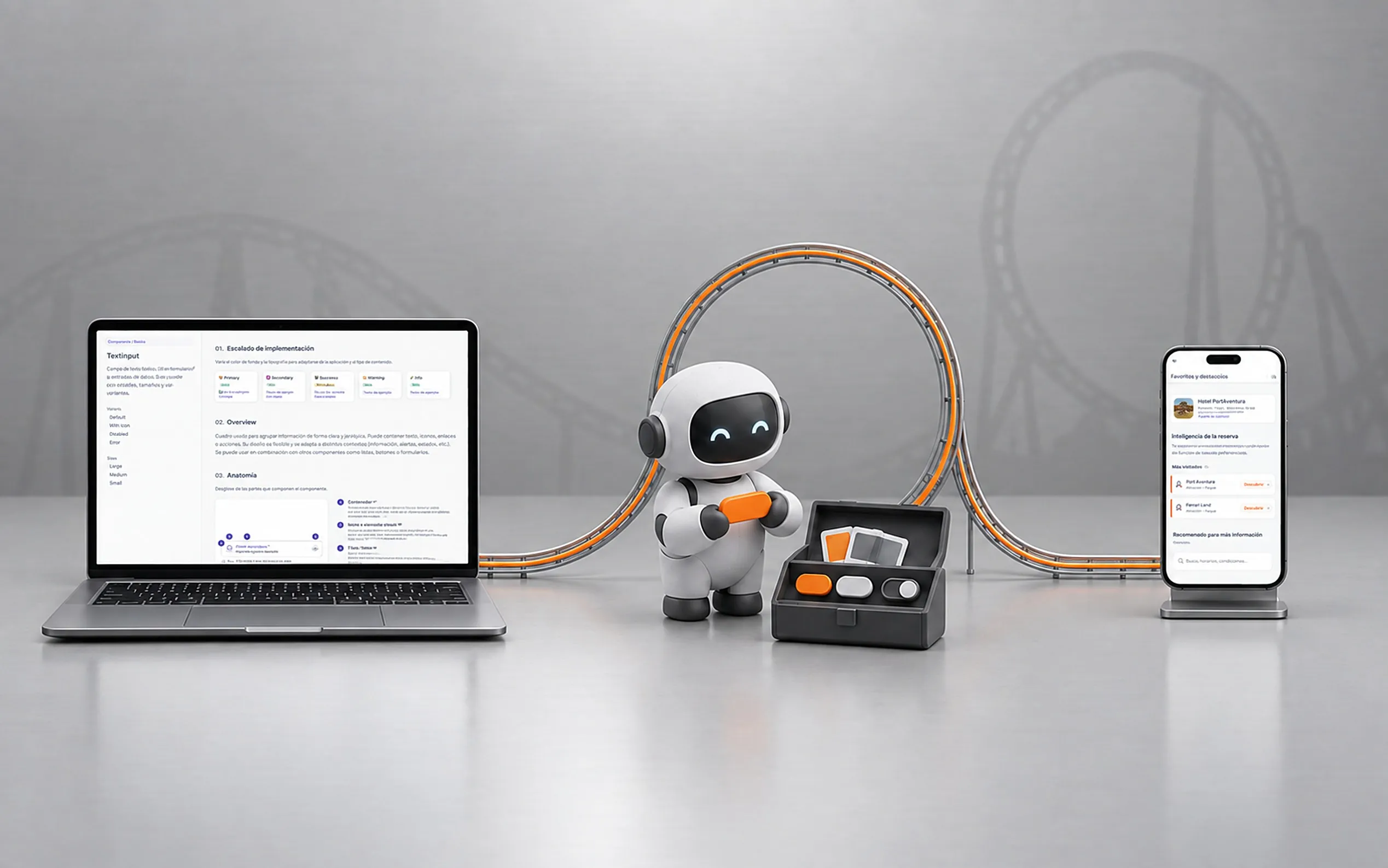 A laptop showing a component spec, a robot with a component in its hand, and a phone showing the prototype, joined by a roller-coaster loop